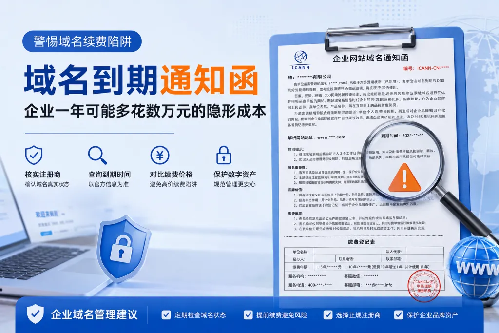 警惕“域名到期通知函”陷阱：企业一年可能多花数万元的隐形成本文章配图，展示警惕“域名到期通知函”陷阱：企业一年可能多花数万元的隐形成本相关主题