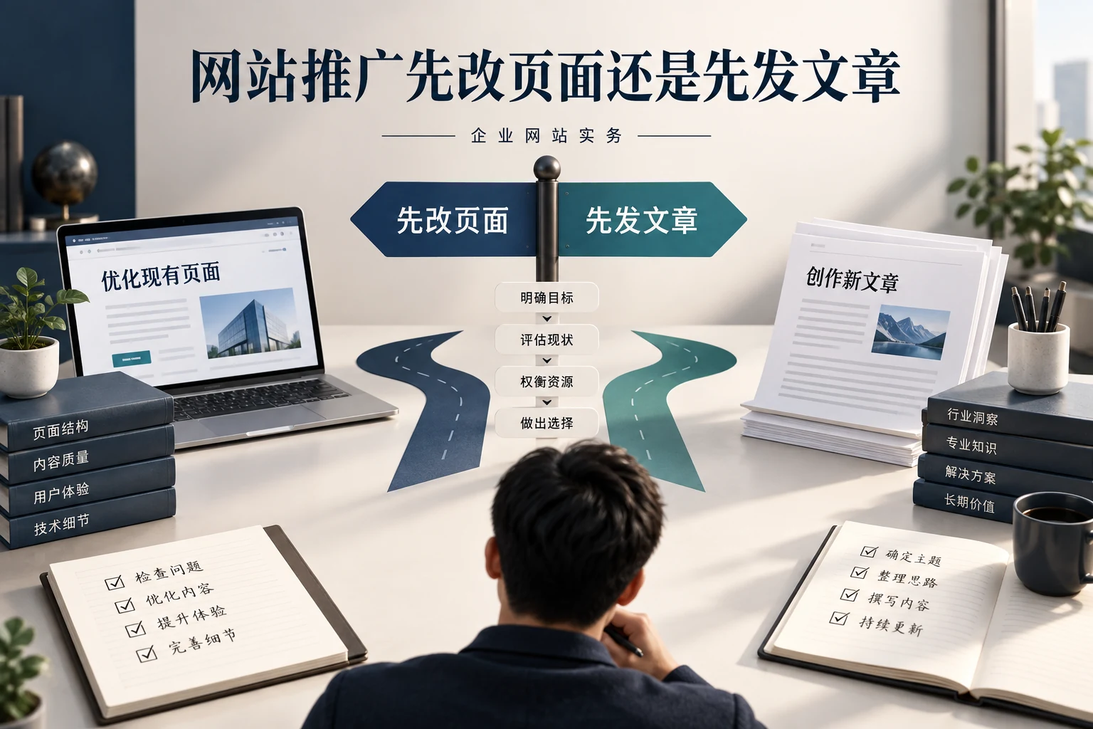 网站推广预算有限,先改旧页面还是先写新文章,企业网站实务概念配图