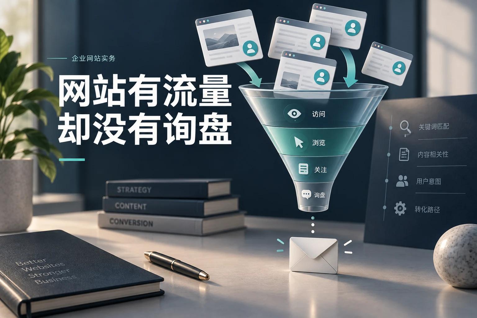 网站有流量却没有询盘,先查流量来源还是先改页面,企业网站实务概念配图