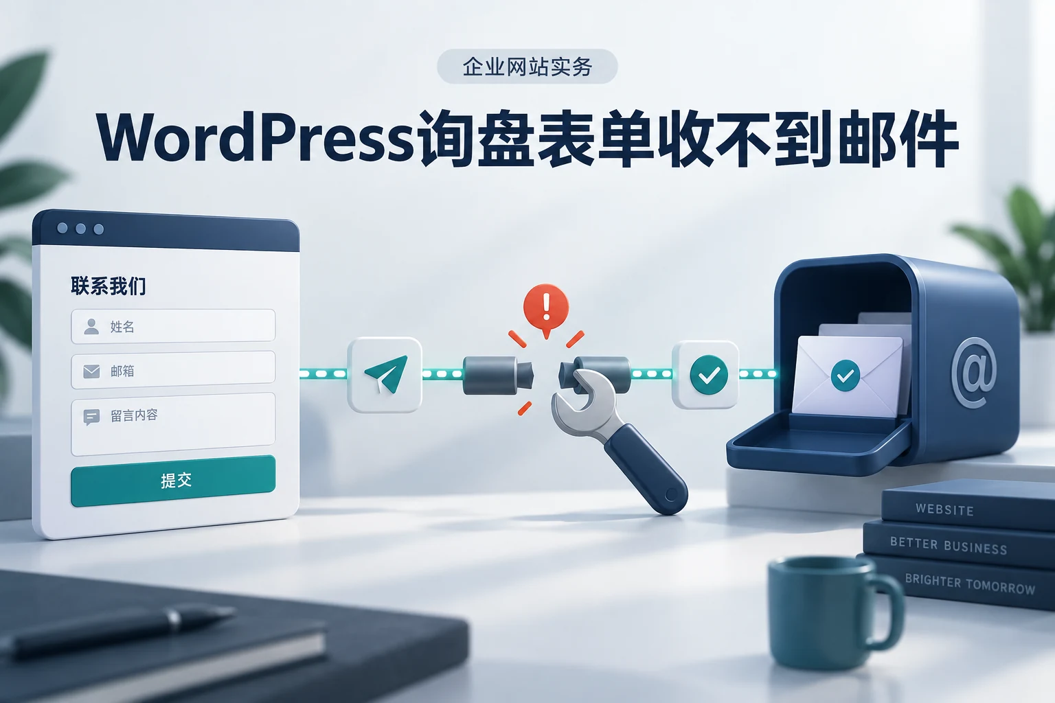 WordPress询盘表单显示成功却收不到邮件,应该先查哪里,企业网站实务概念配图