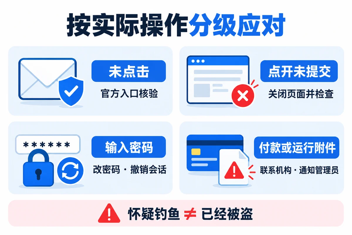 未点击、点开未提交、输入密码、付款或运行附件四种情况的分级应对示意
