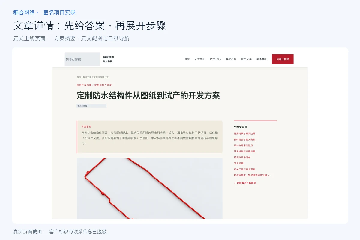 解决方案文章页面包含方案要点摘要、开发主题标题、配图和正文目录,客户标识已隐藏