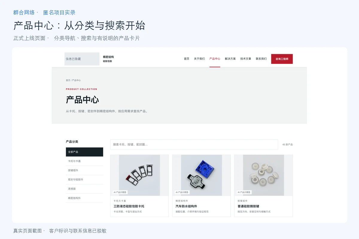 产品中心包含部件分类、产品搜索和三列产品卡片,示意图片保留AI标识
