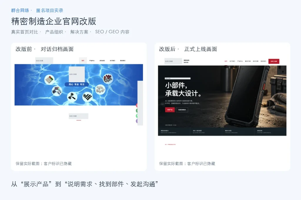 精密制造企业网站改版案例：首页、产品与解决方案如何协同配图