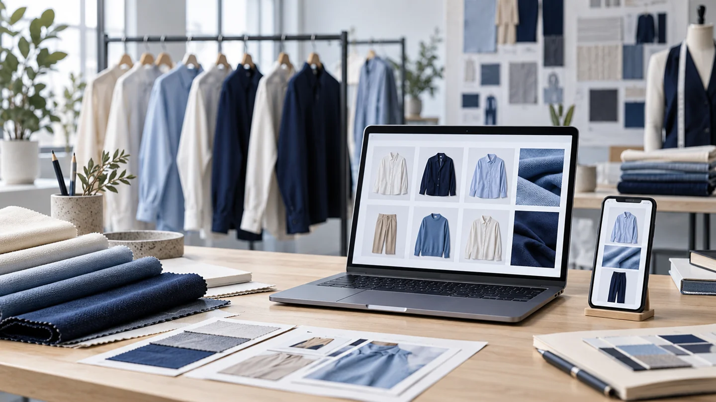 服装样衣、面料与电脑手机上的产品目录，服装外贸独立站设计场景示意