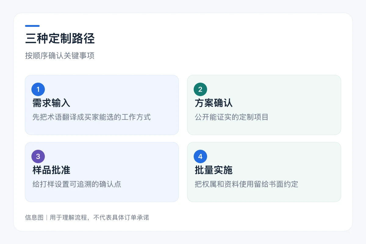 三种定制路径流程信息图:需求输入、方案确认、样品批准、批量实施