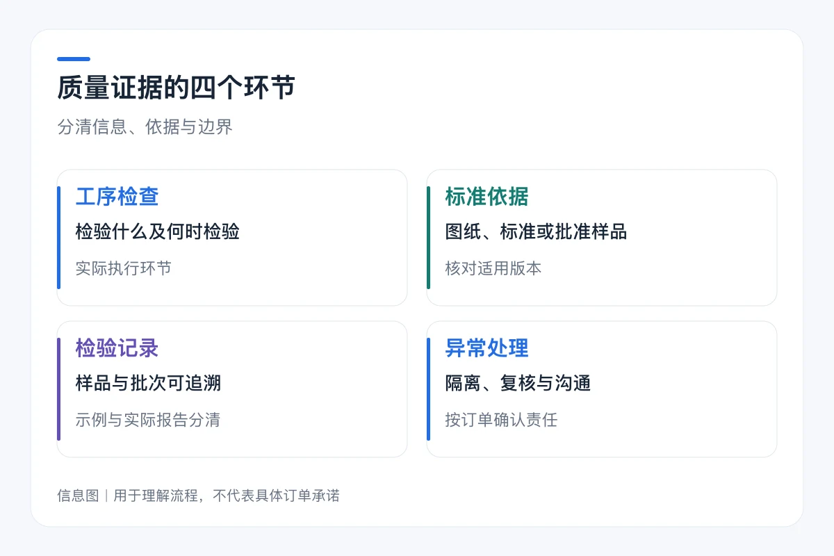 质量证据的四个环节要点对照:工序检查、标准依据、检验记录、异常处理