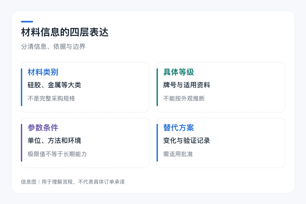 材料信息的四层表达要点对照:材料类别、具体等级、参数条件、替代方案
