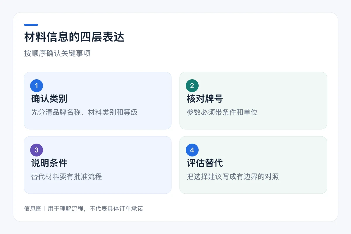 材料信息的四层表达流程信息图:确认类别、核对牌号、说明条件、评估替代