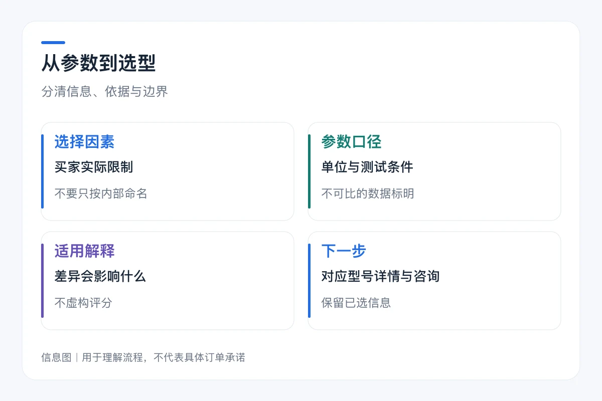 从参数到选型要点对照:选择因素、参数口径、适用解释、下一步