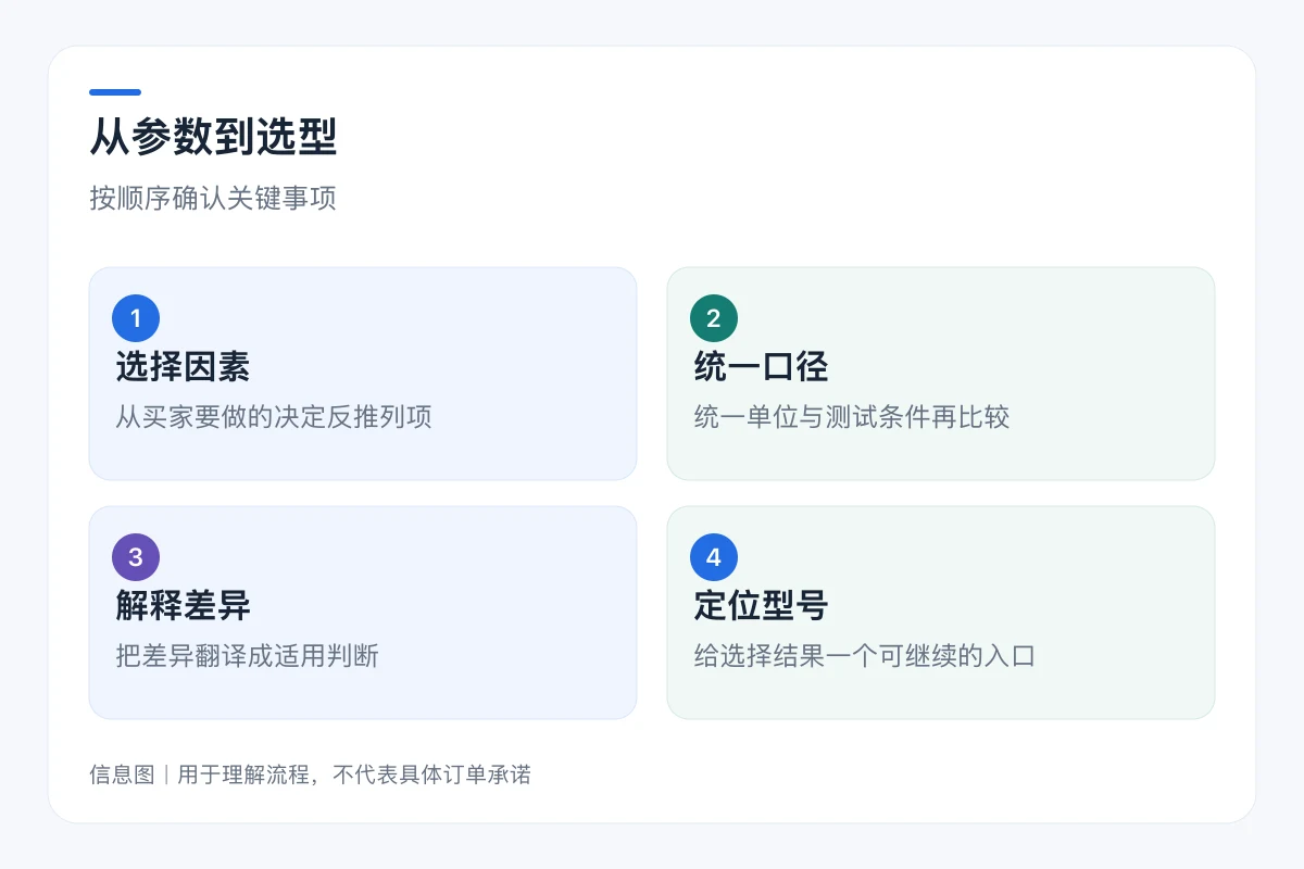 从参数到选型流程信息图:选择因素、统一口径、解释差异、定位型号