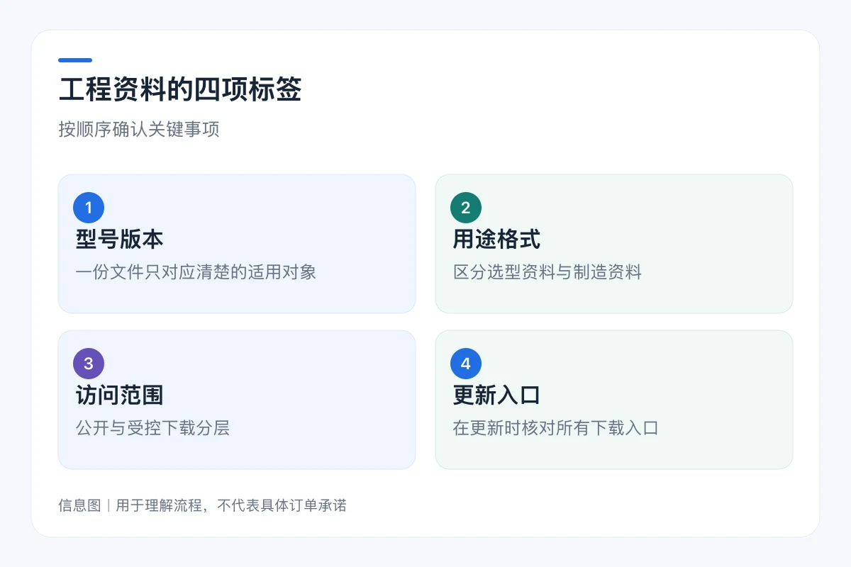 工程资料的四项标签流程信息图:型号版本、用途格式、访问范围、更新入口