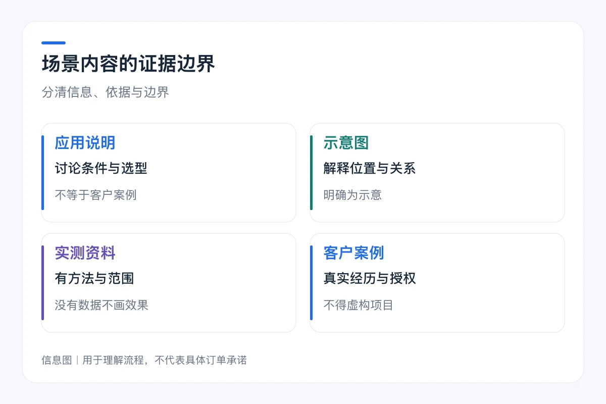 场景内容的证据边界要点对照:应用说明、示意图、实测资料、客户案例
