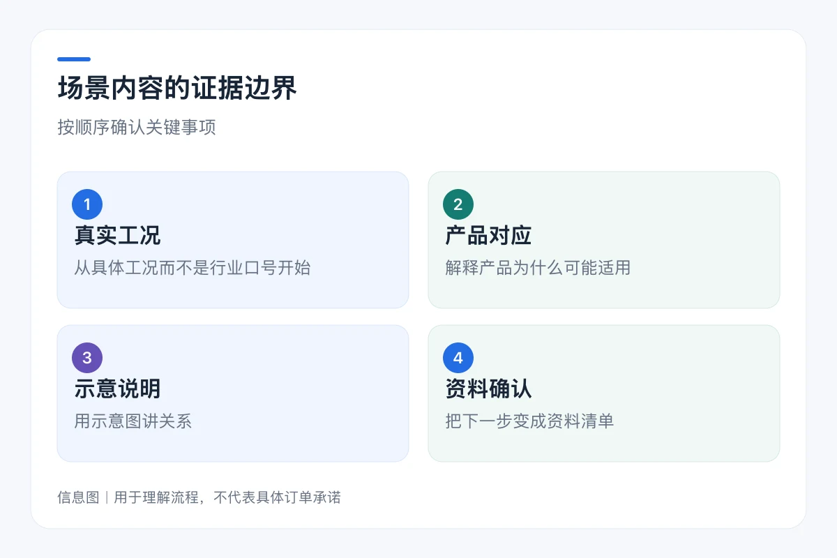 场景内容的证据边界流程信息图:真实工况、产品对应、示意说明、资料确认