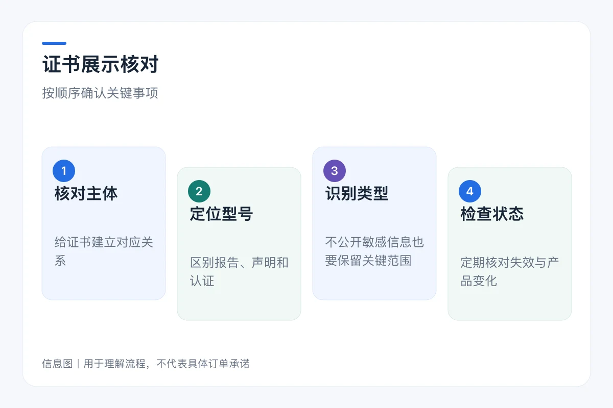 证书展示核对流程信息图:核对主体、定位型号、识别类型、检查状态