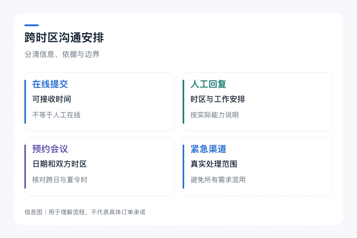 跨时区沟通安排要点对照:在线提交、人工回复、预约会议、紧急渠道