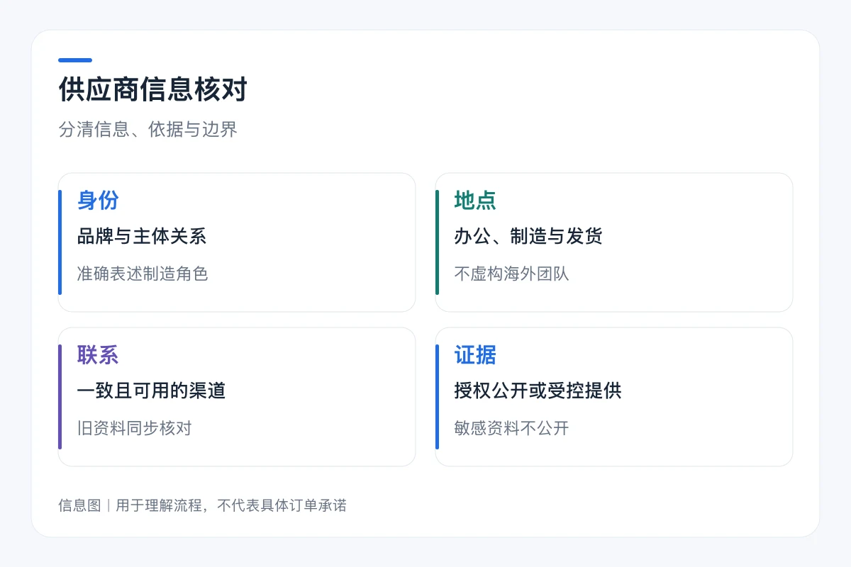 供应商信息核对要点对照:身份、地点、联系、证据