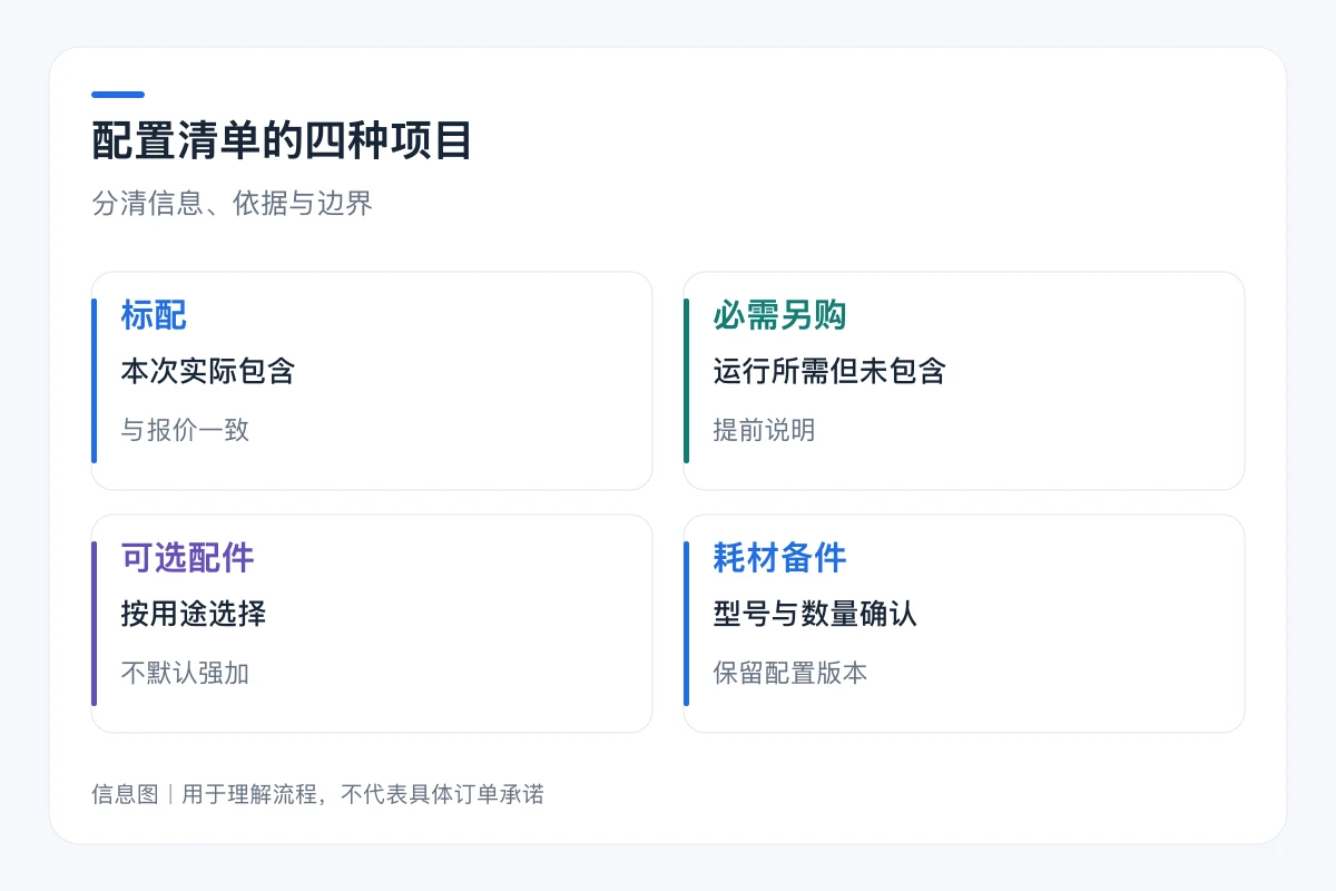 配置清单的四种项目要点对照:标配、必需另购、可选配件、耗材备件