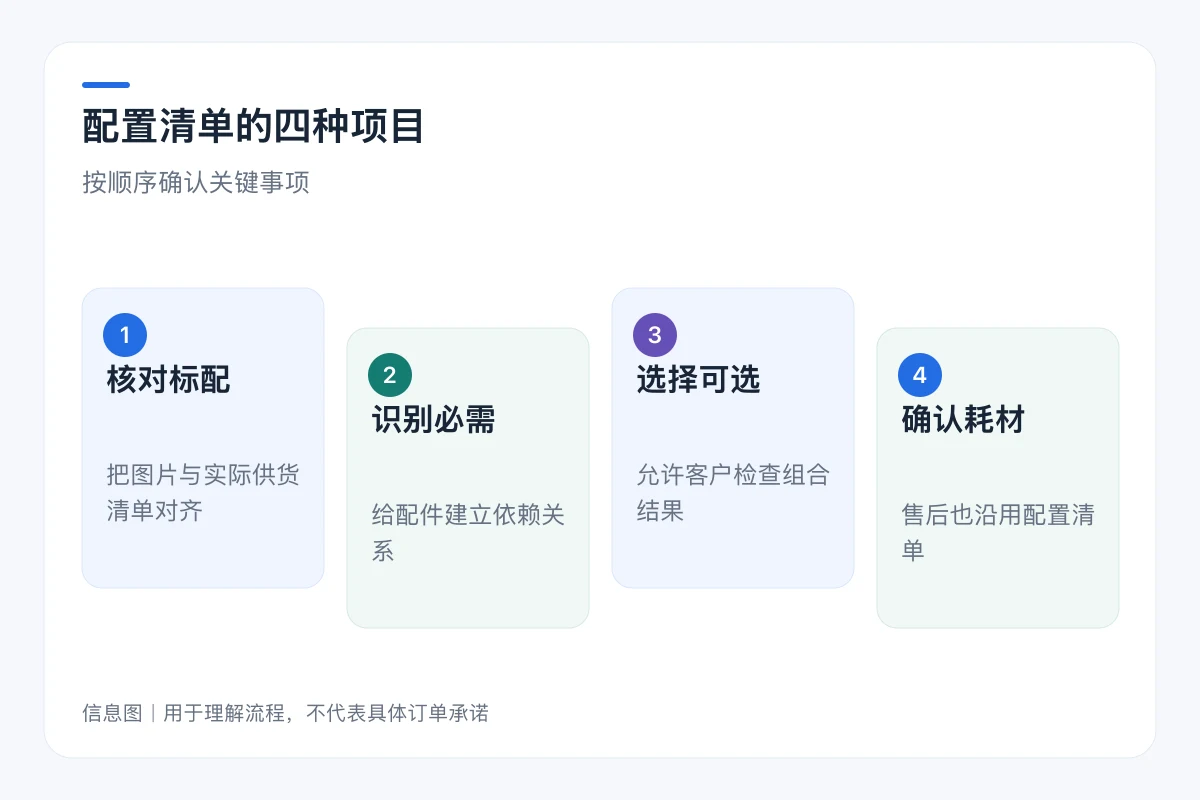 配置清单的四种项目流程信息图:核对标配、识别必需、选择可选、确认耗材
