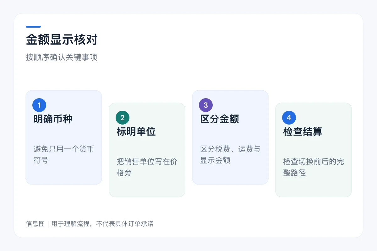 金额显示核对流程信息图:明确币种、标明单位、区分金额、检查结算