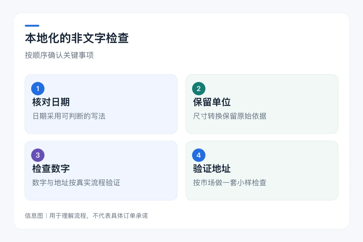 本地化的非文字检查流程信息图:核对日期、保留单位、检查数字、验证地址
