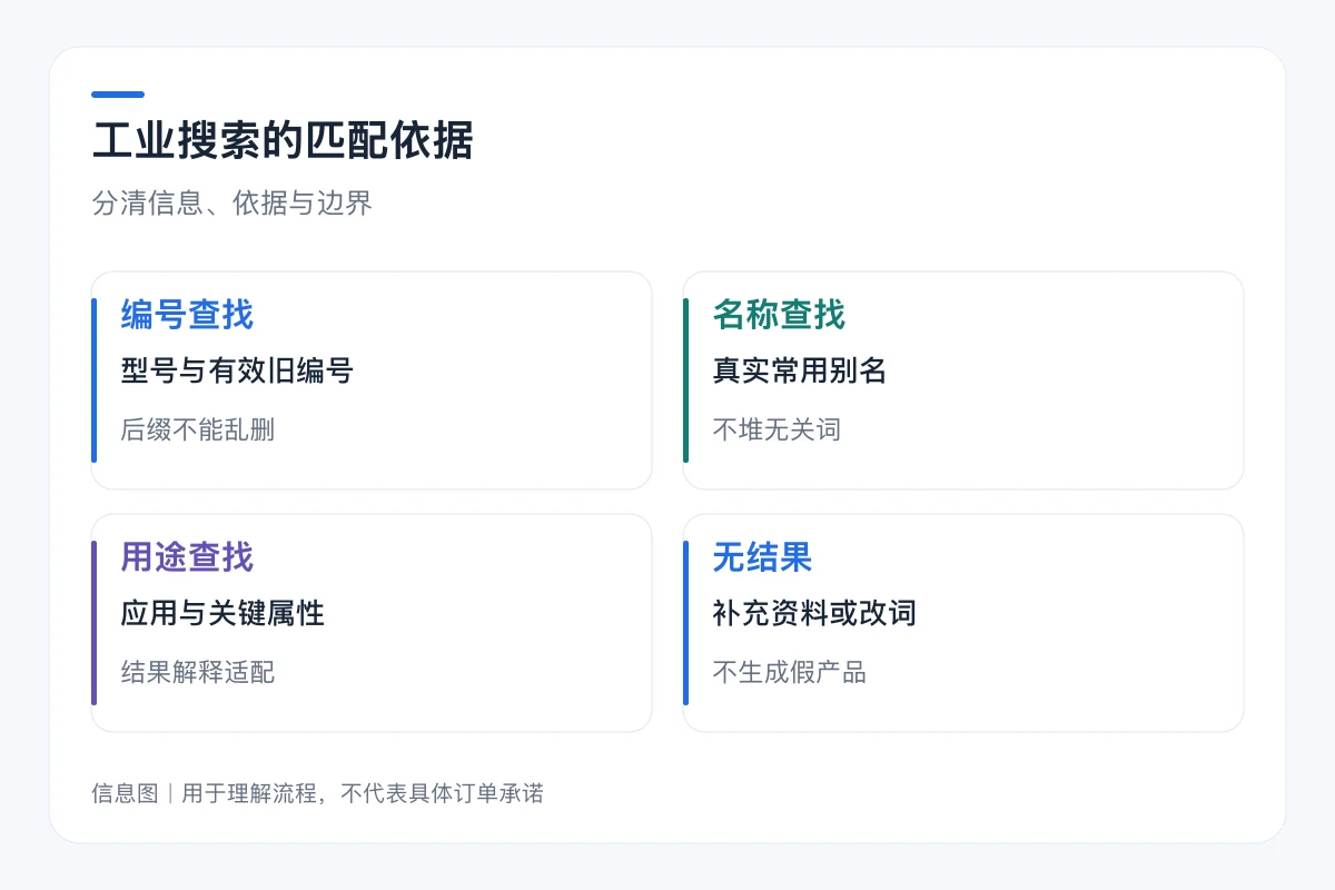 工业搜索的匹配依据要点对照:编号查找、名称查找、用途查找、无结果