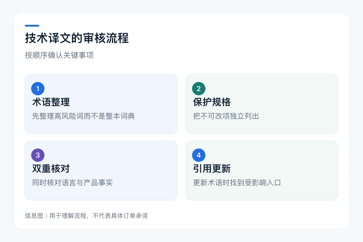 技术译文的审核流程流程信息图:术语整理、保护规格、双重核对、引用更新