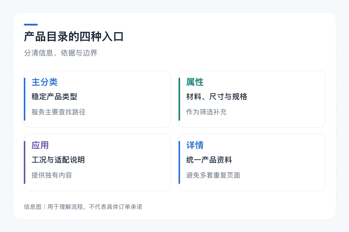 产品目录的四种入口要点对照:主分类、属性、应用、详情