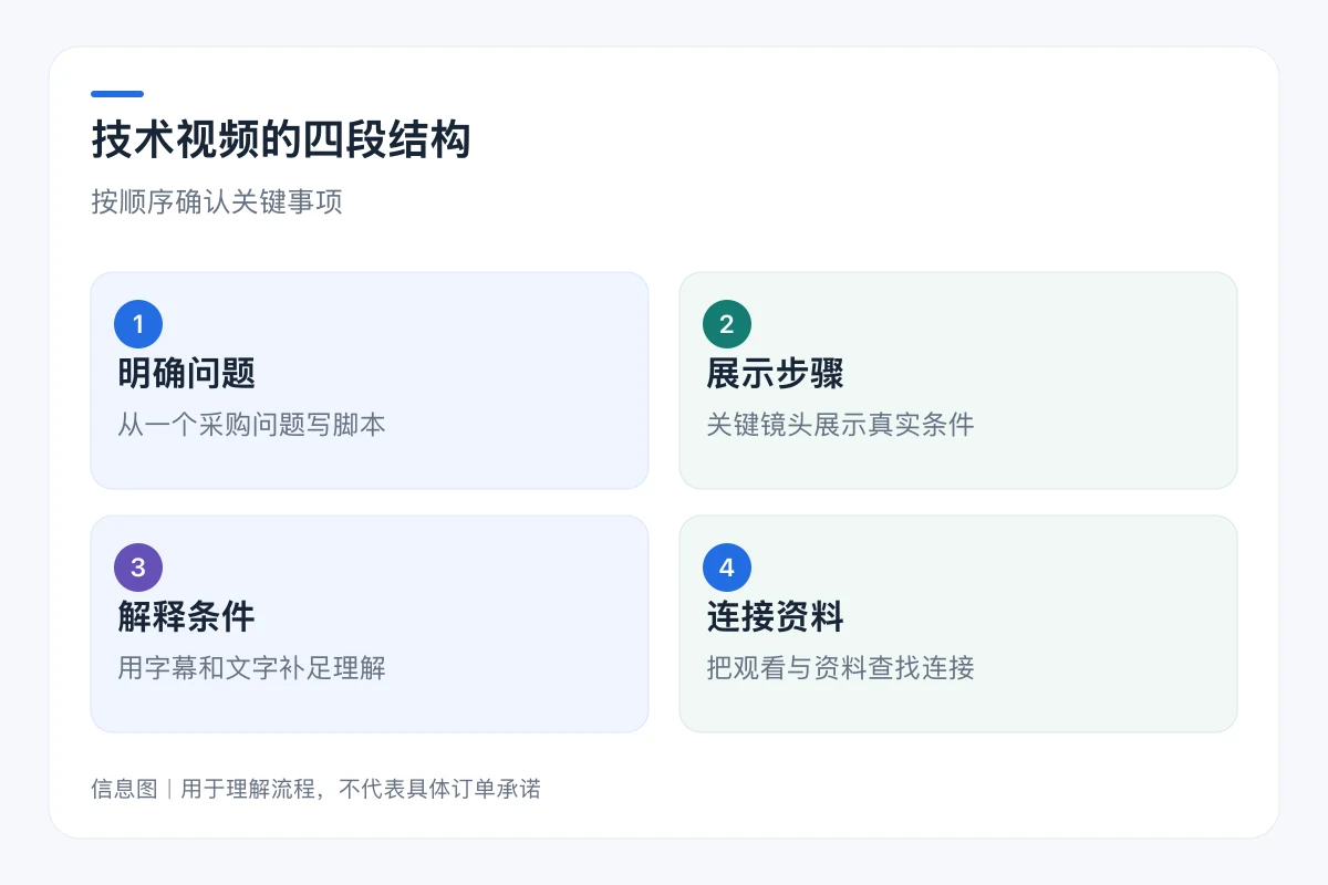 技术视频的四段结构流程信息图:明确问题、展示步骤、解释条件、连接资料