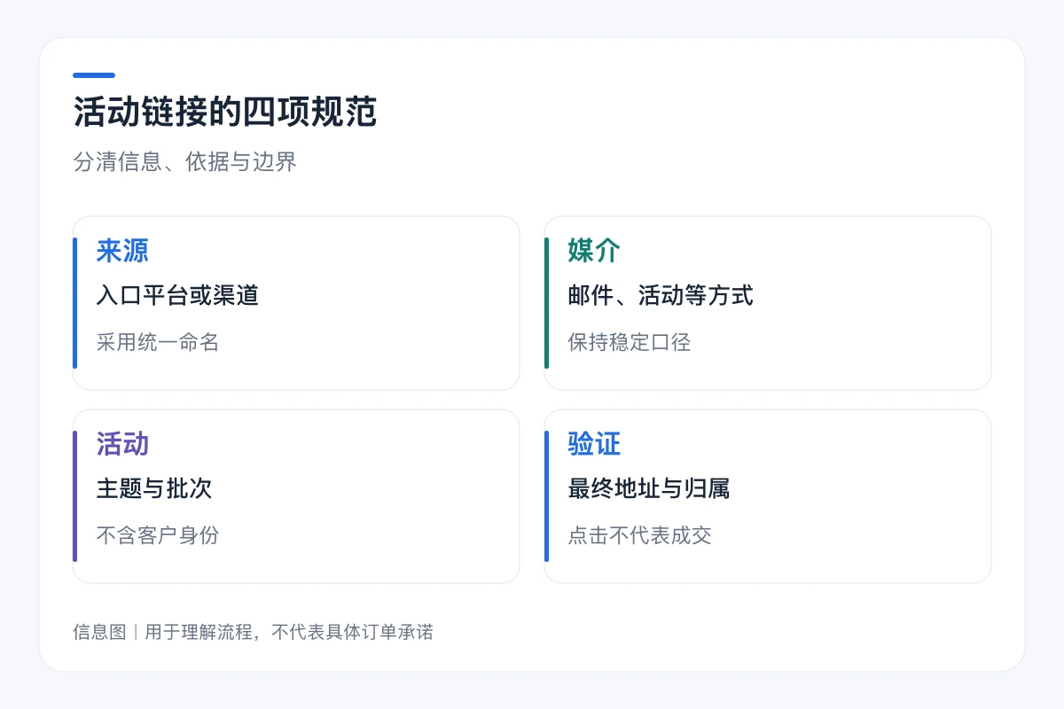 活动链接的四项规范要点对照:来源、媒介、活动、验证