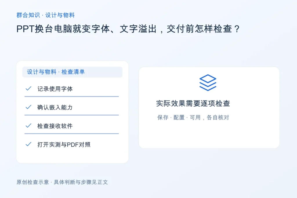 PPT换台电脑就变字体、文字溢出,交付前怎样检查?配图