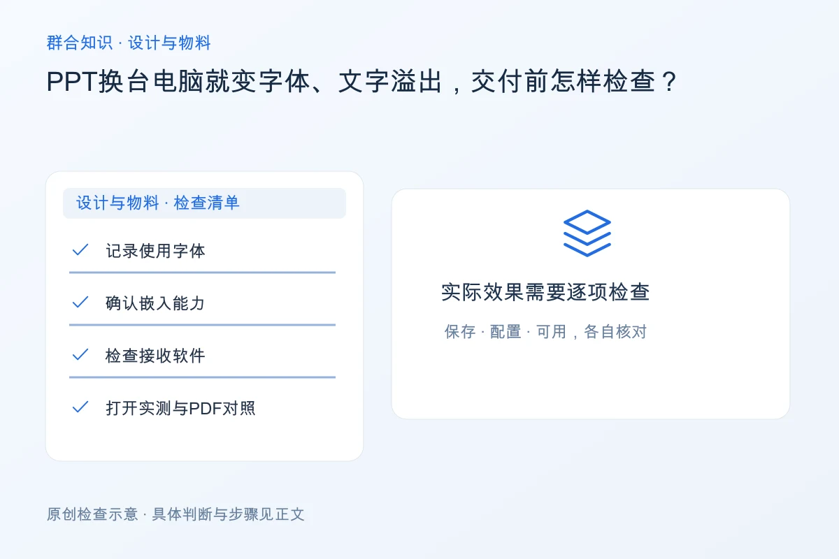 处理PPT换台电脑就变字体、文字溢出,交付前怎样检查的检查要点:记录使用字体、确认嵌入能力、检查接收软件、打开实测与PDF对照