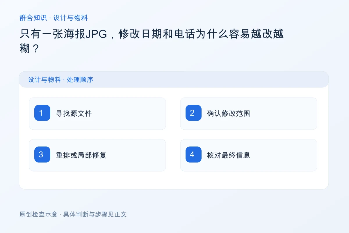 处理只有一张海报JPG,修改日期和电话为什么容易越改越糊的检查要点:寻找源文件、确认修改范围、重排或局部修复、核对最终信息