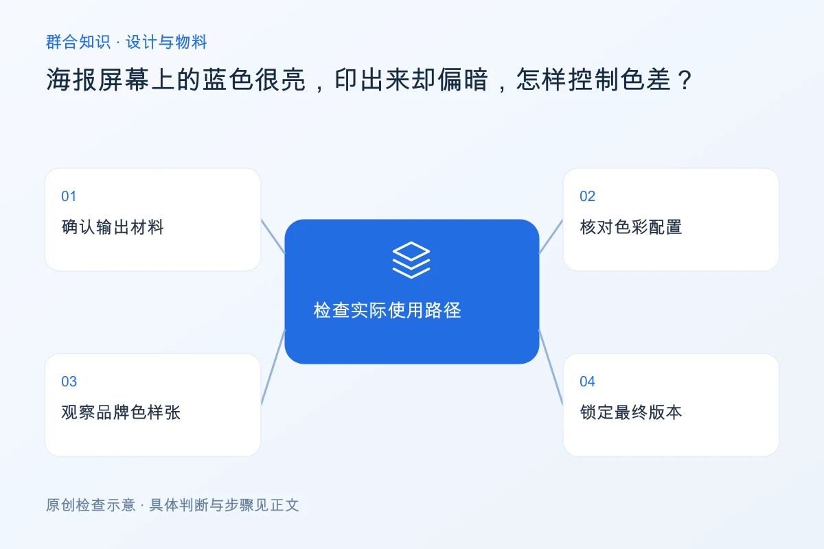处理海报屏幕上的蓝色很亮,印出来却偏暗,怎样控制色差的检查要点:确认输出材料、核对色彩配置、观察品牌色样张、锁定最终版本