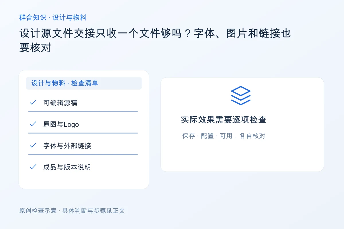 处理设计源文件交接只收一个文件够吗?字体、图片和链接也要核对的检查要点:可编辑源稿、原图与Logo、字体与外部链接、成品与版本说明