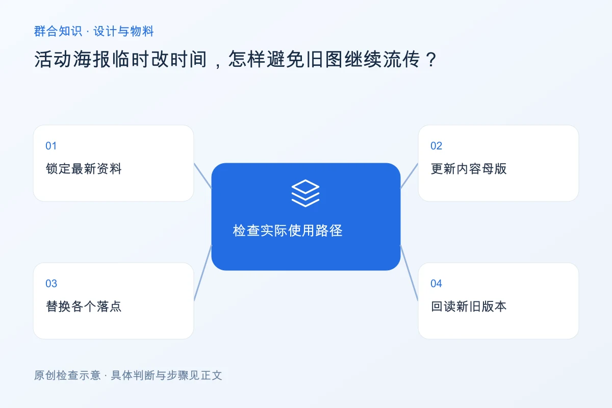 处理活动海报临时改时间,怎样避免旧图继续流传的检查要点:锁定最新资料、更新内容母版、替换各个落点、回读新旧版本