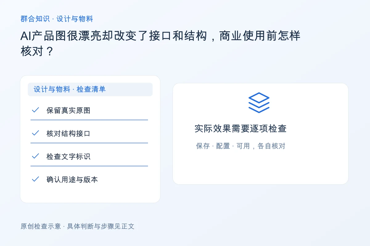 处理AI产品图很漂亮却改变了接口和结构,商业使用前怎样核对的检查要点:保留真实原图、核对结构接口、检查文字标识、确认用途与版本