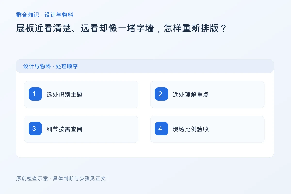 处理展板近看清楚、远看却像一堵字墙,怎样重新排版的检查要点:远处识别主题、近处理解重点、细节按需查阅、现场比例验收