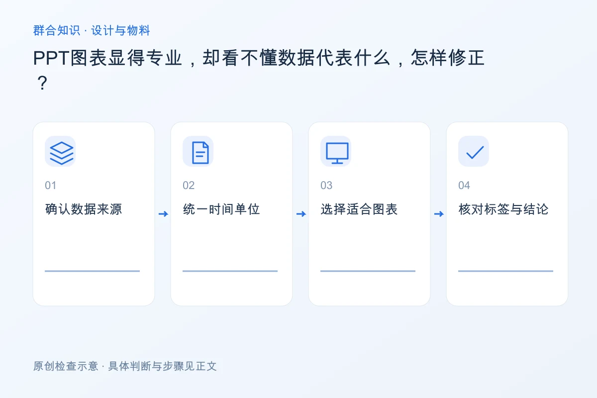 处理PPT图表显得专业,却看不懂数据代表什么,怎样修正的检查要点:确认数据来源、统一时间单位、选择适合图表、核对标签与结论