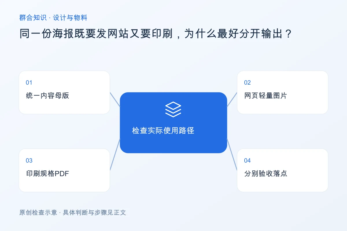 处理同一份海报既要发网站又要印刷,为什么最好分开输出的检查要点:统一内容母版、网页轻量图片、印刷规格PDF、分别验收落点