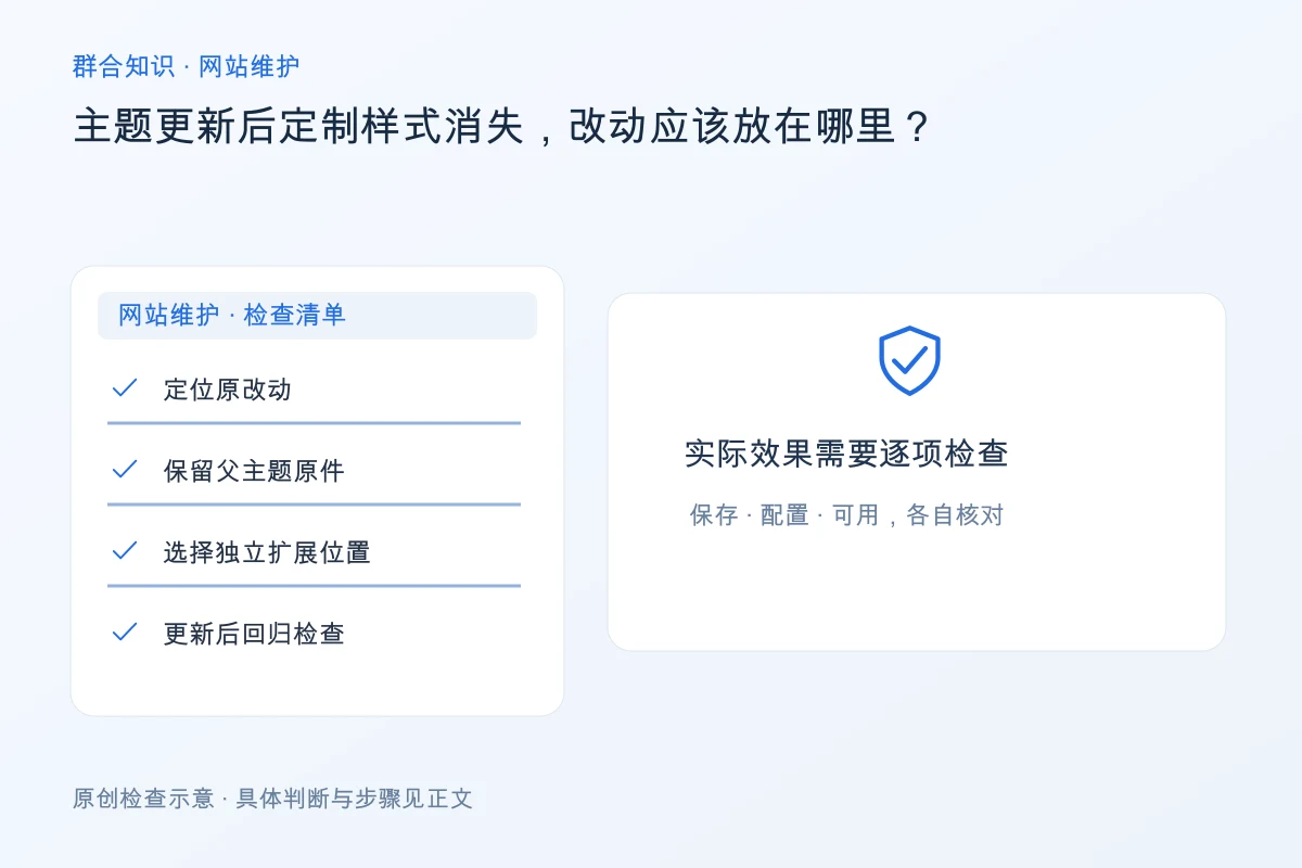 处理主题更新后定制样式消失,改动应该放在哪里的检查要点:定位原改动、保留父主题原件、选择独立扩展位置、更新后回归检查