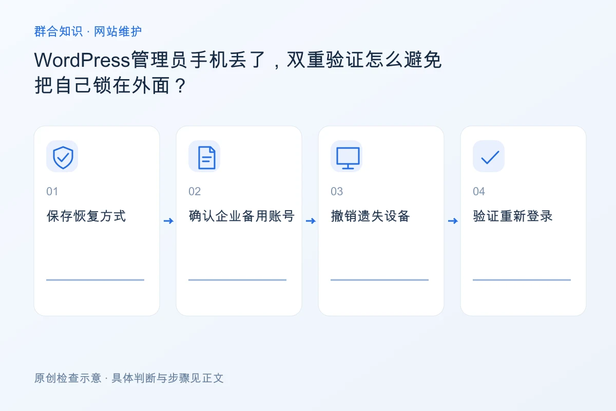 处理WordPress管理员手机丢了,双重验证怎么避免把自己锁在外面的检查要点:保存恢复方式、确认企业备用账号、撤销遗失设备、验证重新登录
