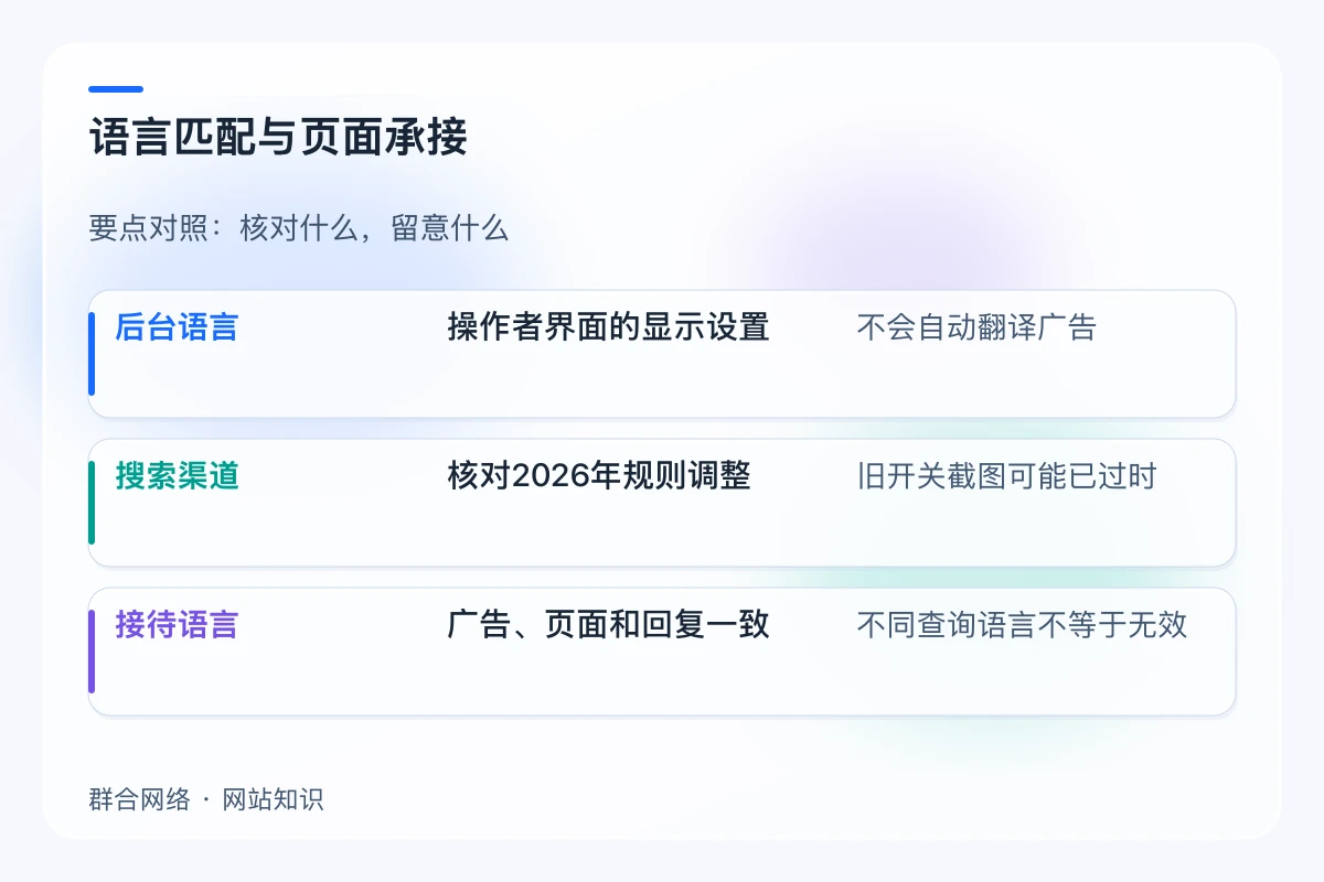 语言匹配与页面承接对照:后台语言、搜索渠道、接待语言
