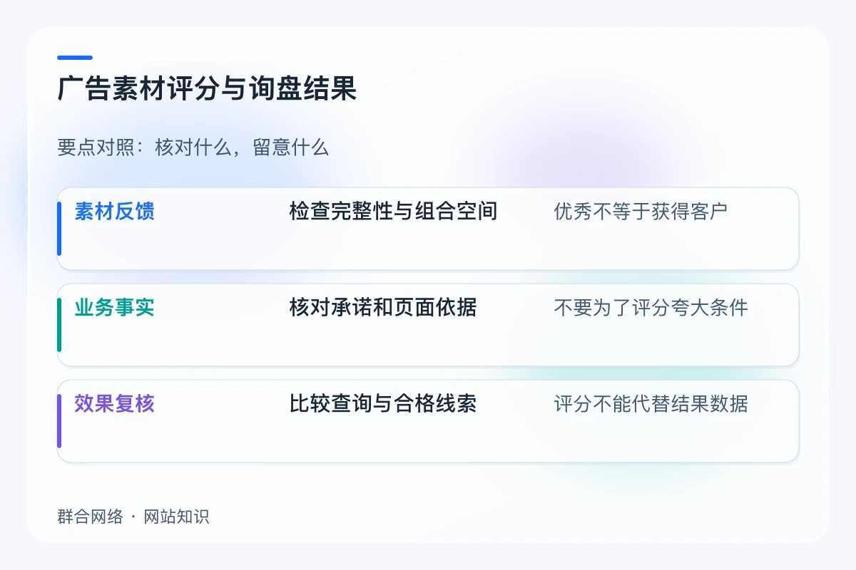 广告素材评分与询盘结果对照:素材反馈、业务事实、效果复核