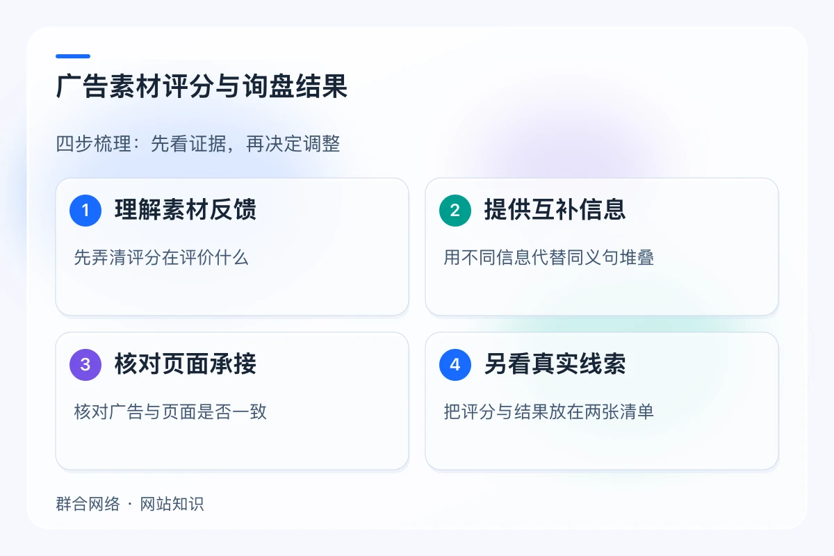广告素材评分与询盘结果,流程为理解素材反馈 → 提供互补信息 → 核对页面承接 → 另看真实线索