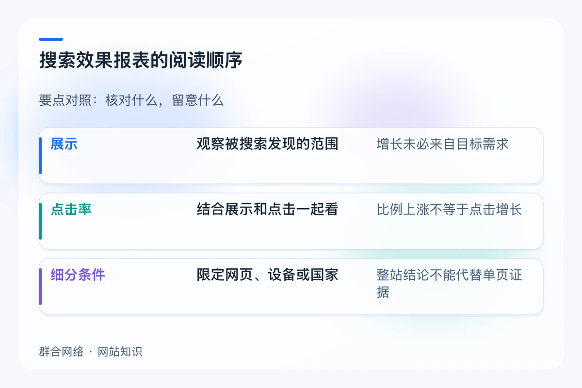 搜索效果报表的阅读顺序对照:展示、点击率、细分条件