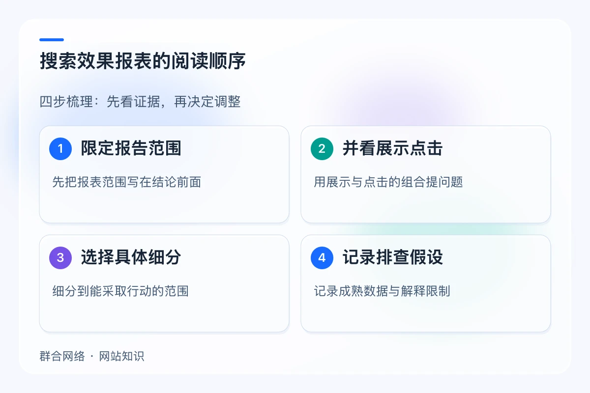 搜索效果报表的阅读顺序,流程为限定报告范围 → 并看展示点击 → 选择具体细分 → 记录排查假设