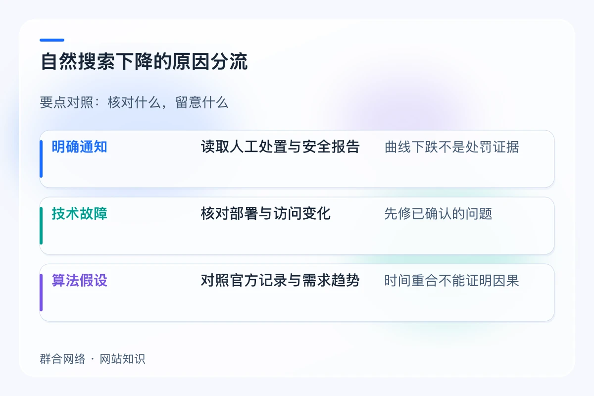 自然搜索下降的原因分流对照:明确通知、技术故障、算法假设