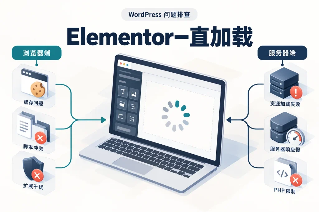 Elementor编辑器一直加载，怎样区分浏览器与服务器问题？配图