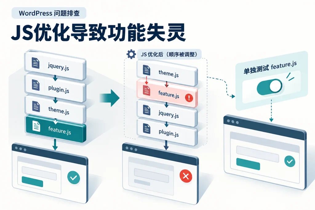 开启JS延迟或合并后网站功能失灵，怎样定位冲突？配图